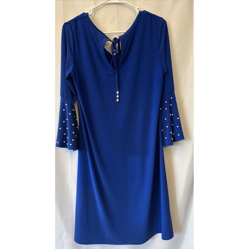 MSK Shift Dress Royal Blue Pearl Trim Bell Sleeves Stretch Keyhole Formal Party - Picture 3 of 6